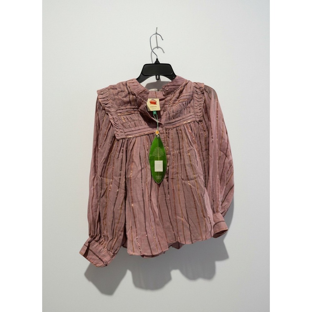 FARM Rio Burgundy Pleated Yoke Long Sleeve Blouse Pink Metallc Gold Size XS NWT - Picture 2 of 4